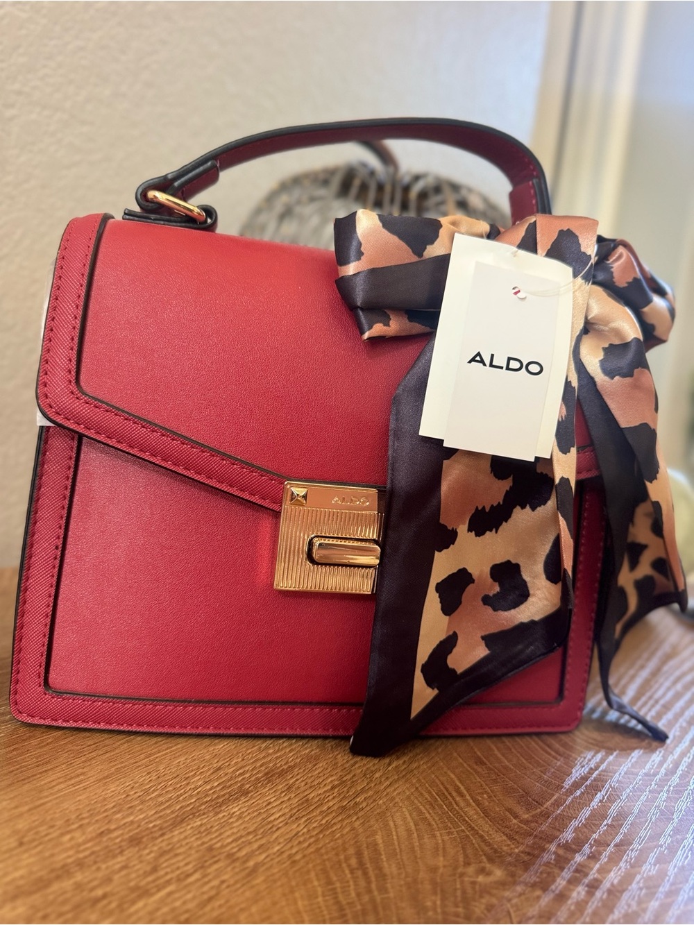 ALDO Red Top-Handle Satchel with Leopard Scarf-Brand New/Gift Ready